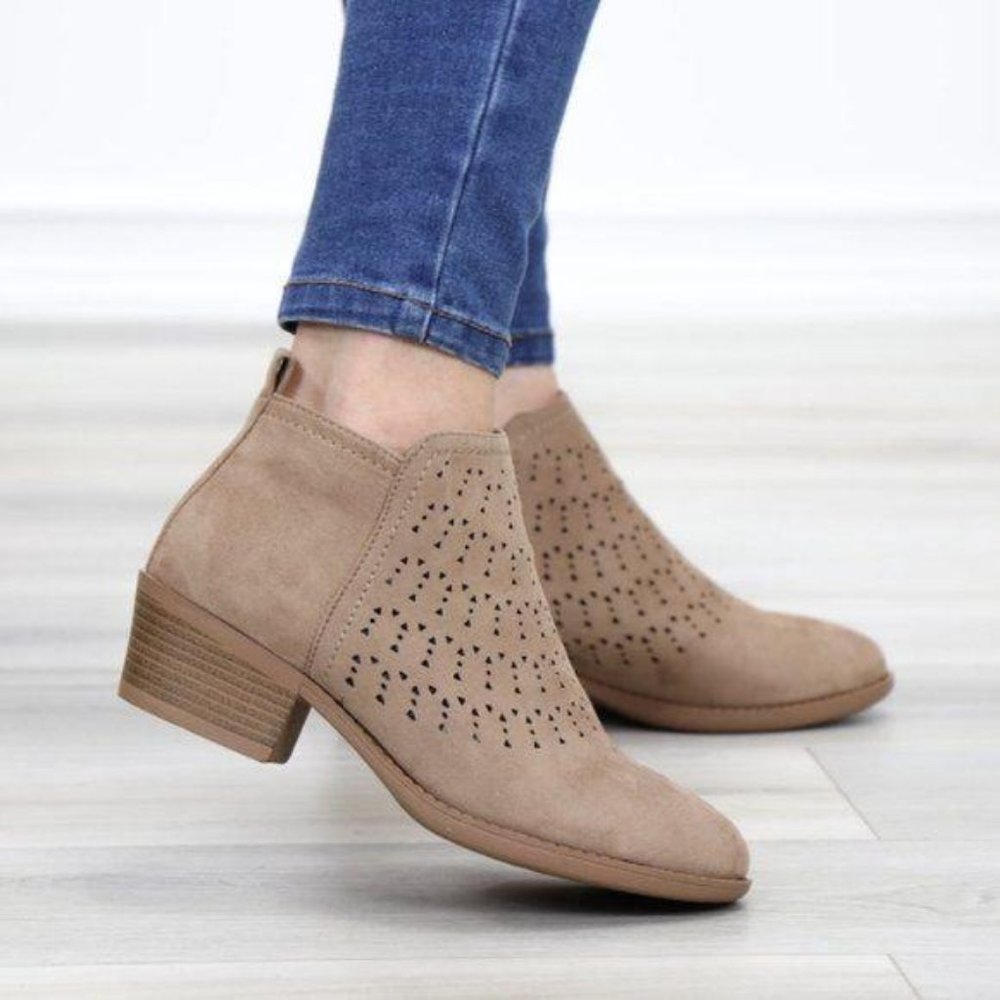Taupe Suede Ankle Boots Laser Cut Design - Picture 4 of 11